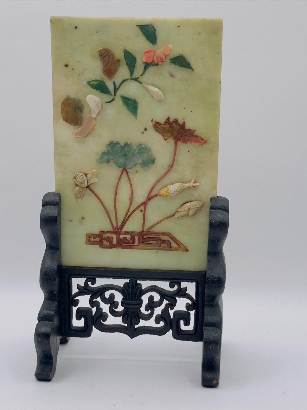 Vintage Chinese Jade and Hardstone Table-Screen Late 19th Century Plaque On Carv
